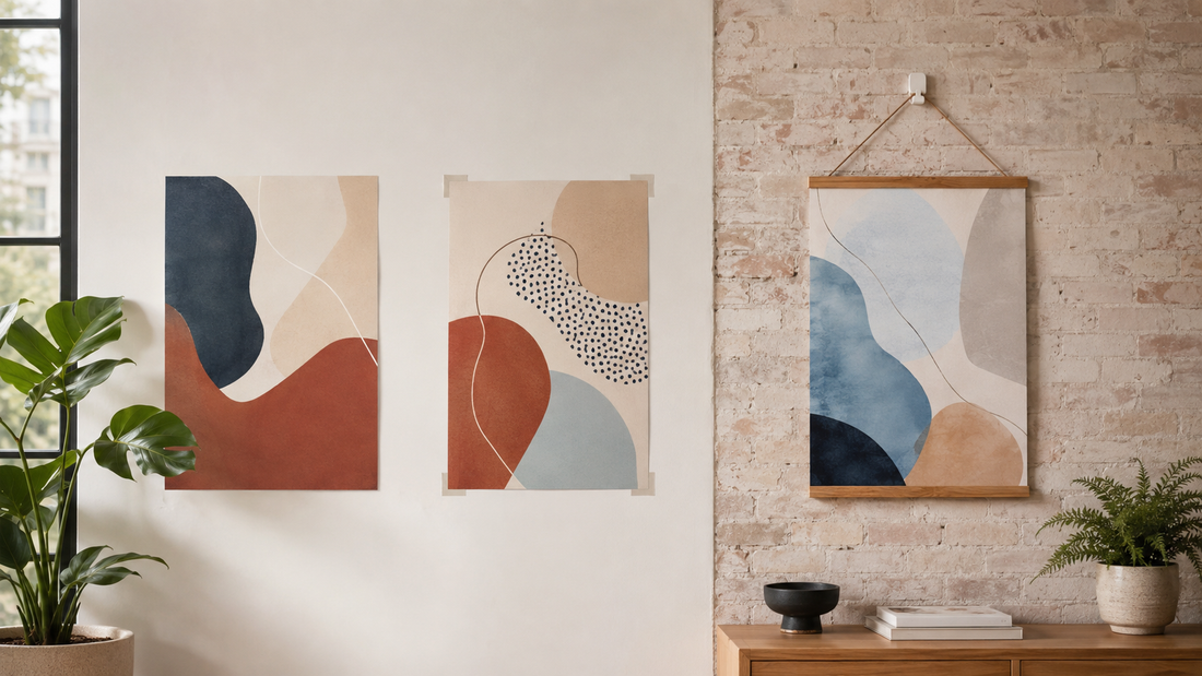 Three polished frameless poster displays on plasterboard and exposed brick walls