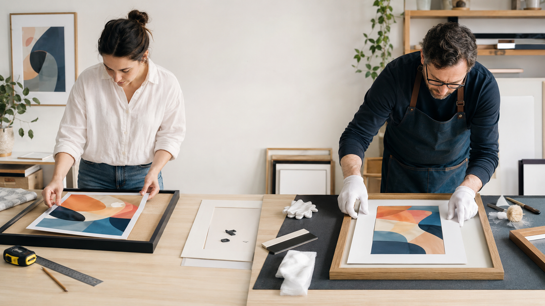 Homeowner framing an art poster beside a professional framer preparing a custom-mounted print