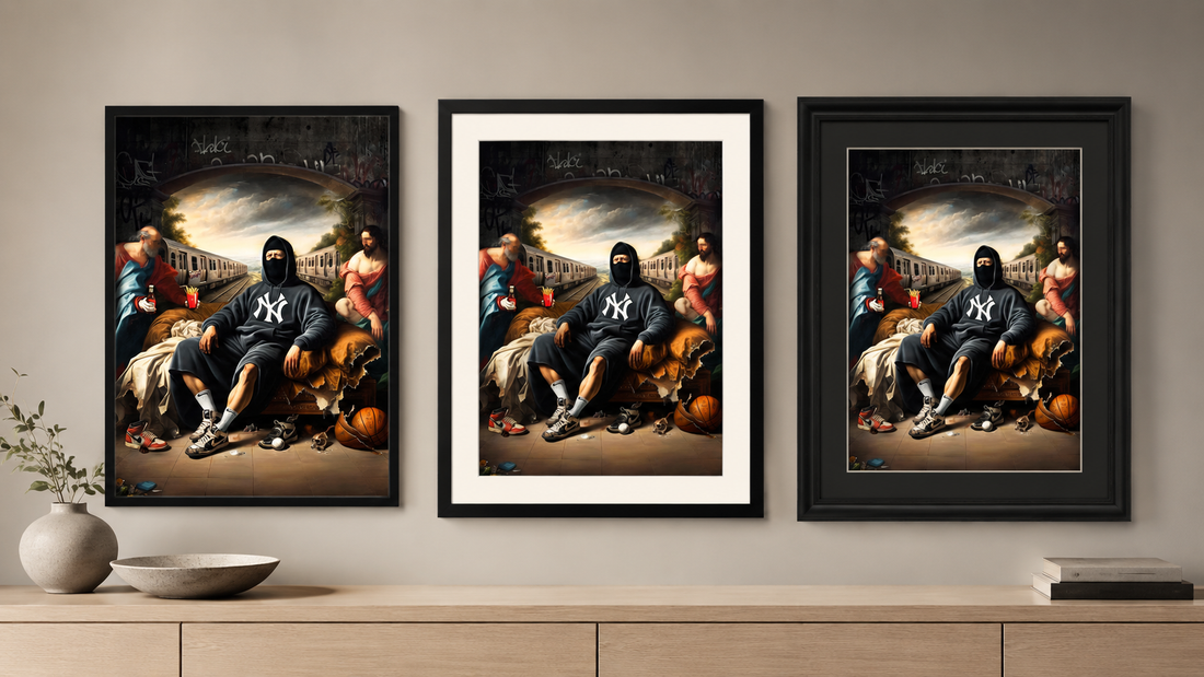 The same large art print shown in ready-made, online custom and professional frame styles