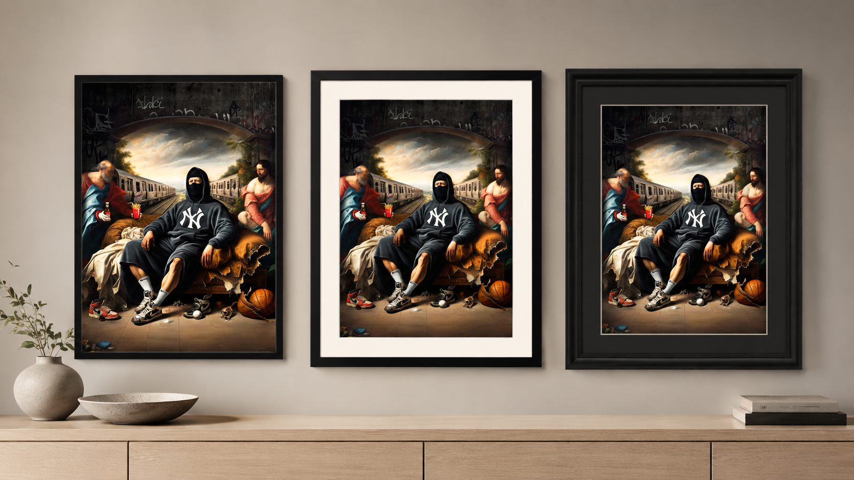 The same large art print shown in ready-made, online custom and professional frame styles