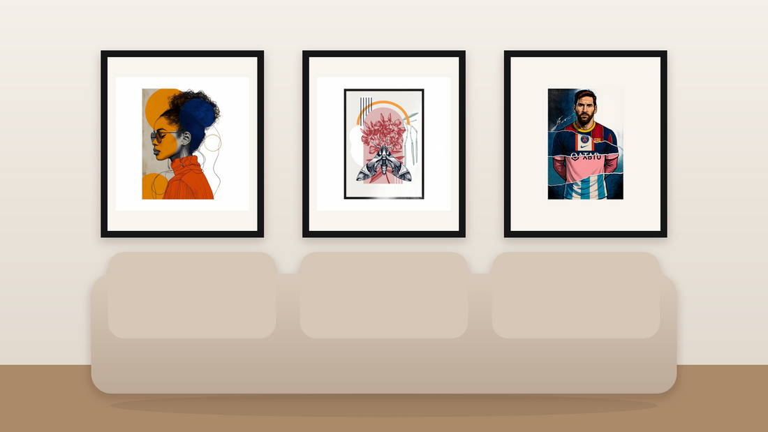 Three equal-size framed posters arranged in a horizontal row above a sofa