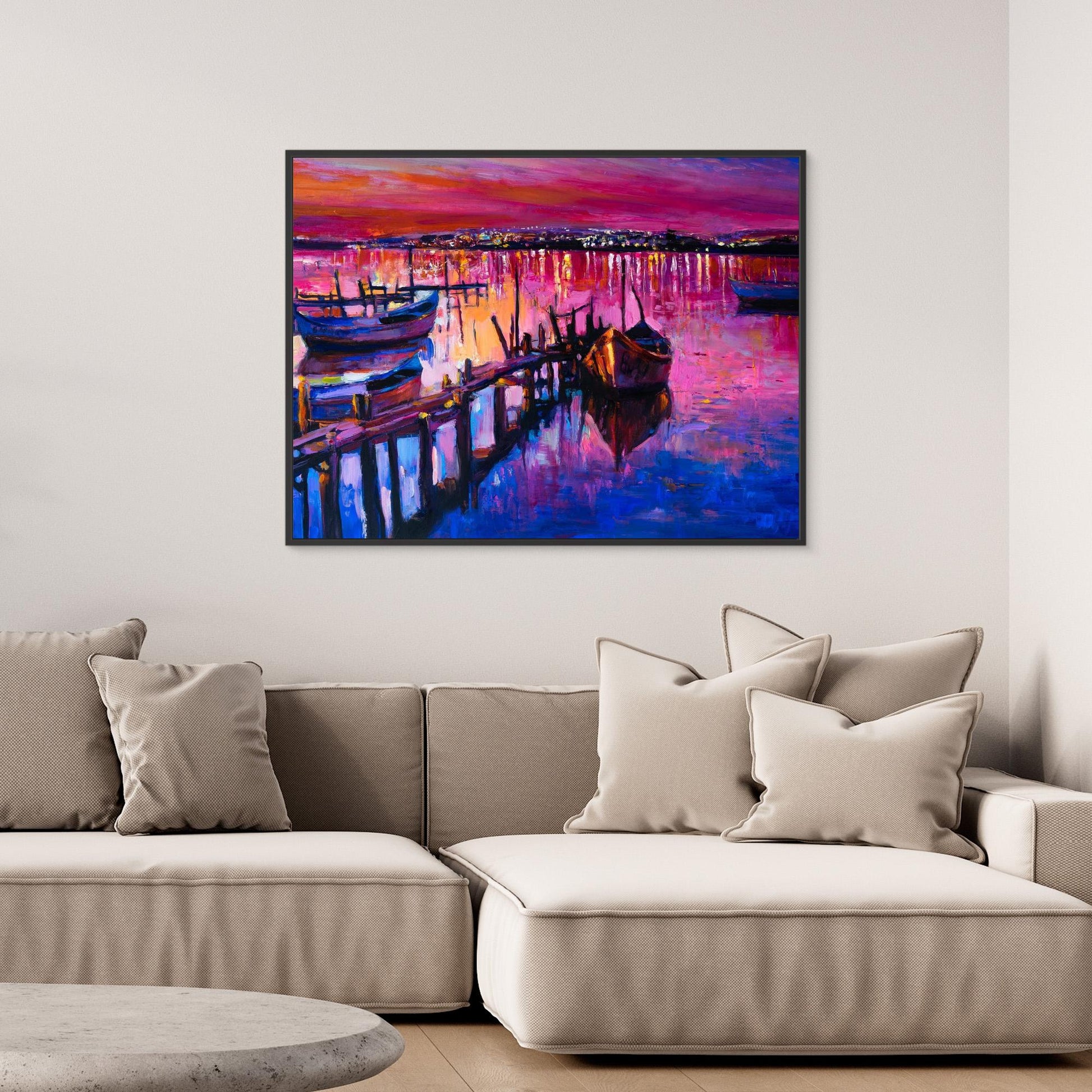 Harbor Serenity at Dusk: Reflections and Vibrant Hues Framed Canvas Art