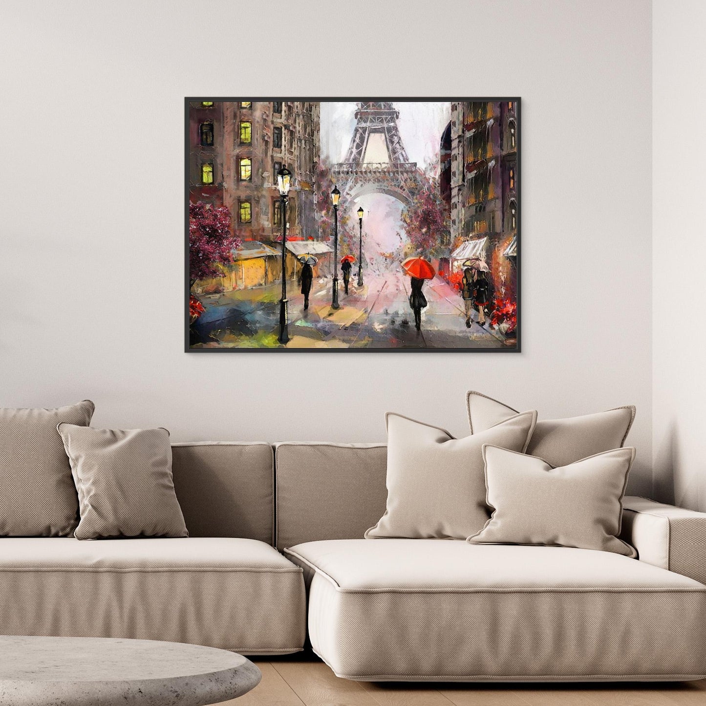 Misty Morning in Paris | Umbrellas and Eiffel Tower Framed Canvas Art