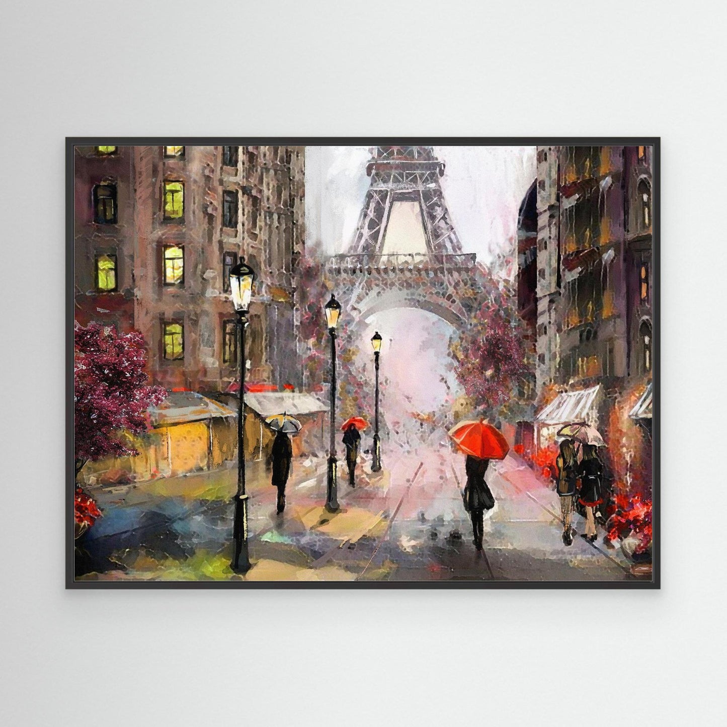 Misty Morning in Paris | Umbrellas and Eiffel Tower Framed Canvas Art