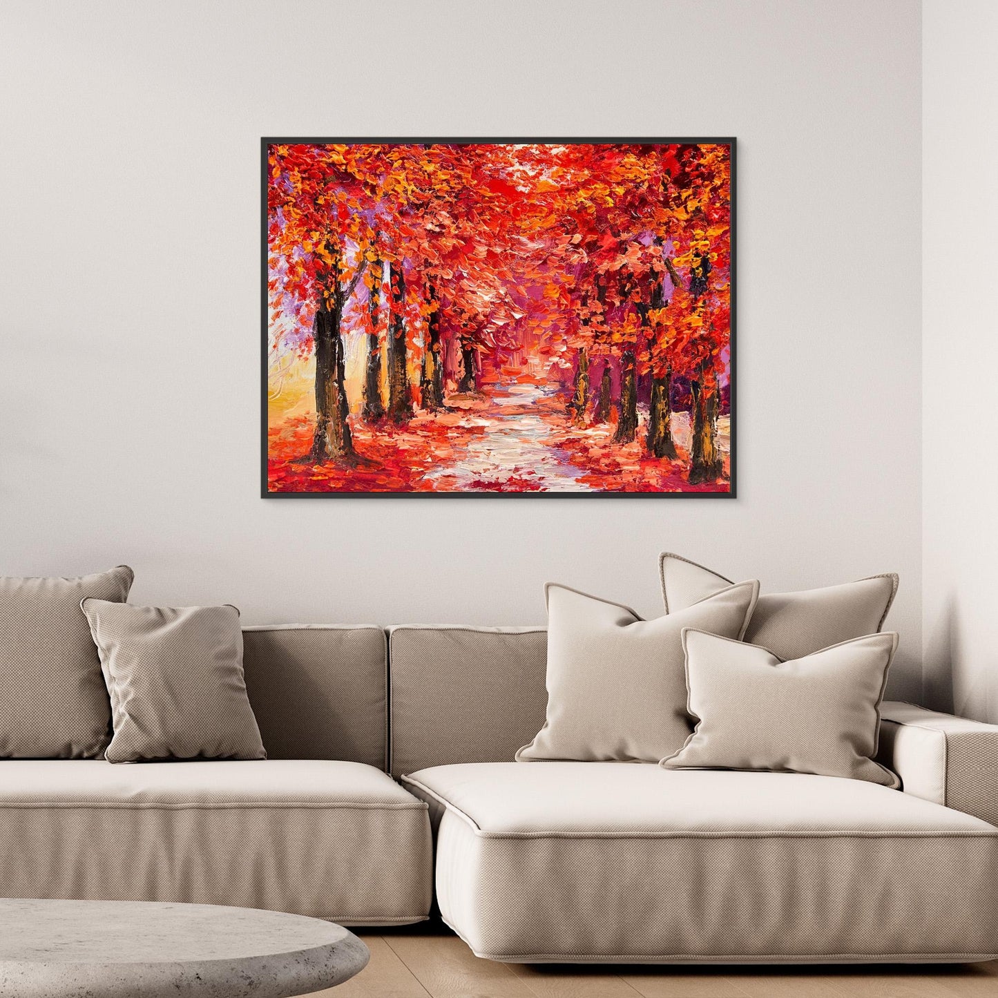 Autumn Enchantment | Crimson Forest Pathway Framed Canvas Art