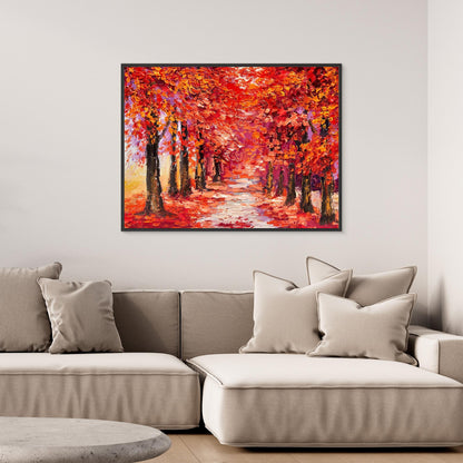 Autumn Enchantment | Crimson Forest Pathway Framed Canvas Art