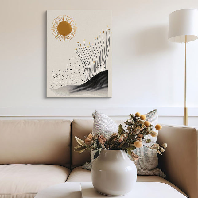 "Desert Solstice" – Boho Minimalist Sun & Botanical Canvas