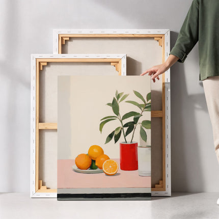 Citrus Still Life Canvas Art Print with Red Vase