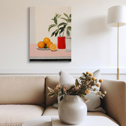 Citrus Still Life Canvas Art Print with Red Vase