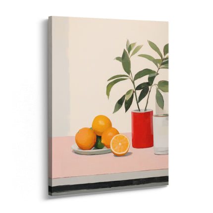 Citrus Still Life Canvas Art Print with Red Vase