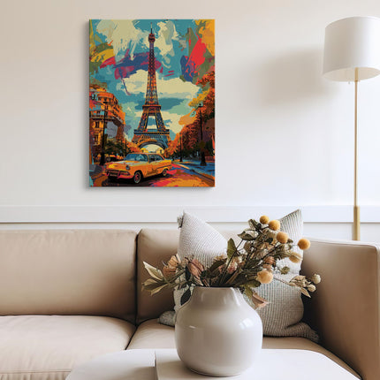 Paris Drive Eiffel Tower Canvas Art with Classic Car