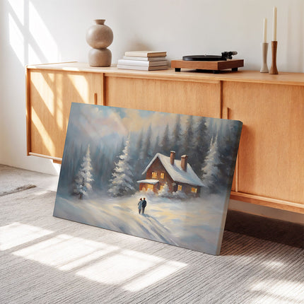 Snowy Forest Cabin & Couple Canvas