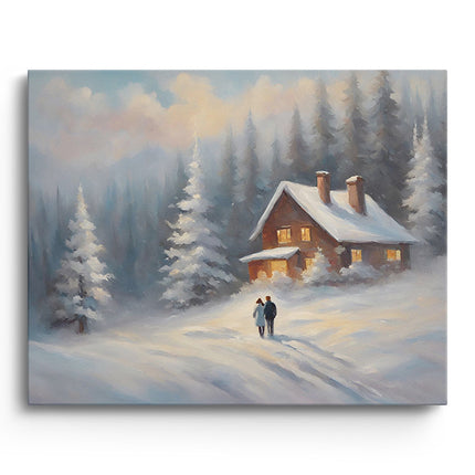 Snowy Forest Cabin & Couple Canvas
