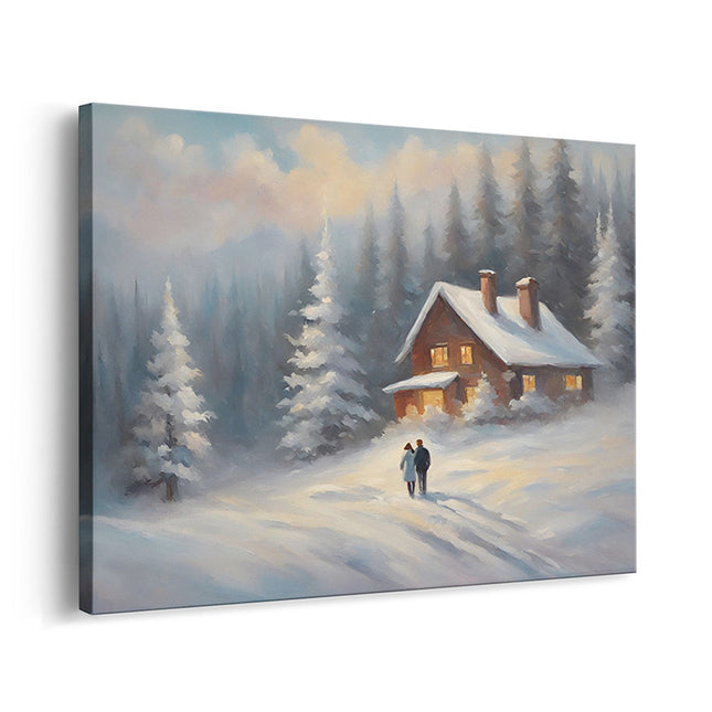 Snowy Forest Cabin & Couple Canvas