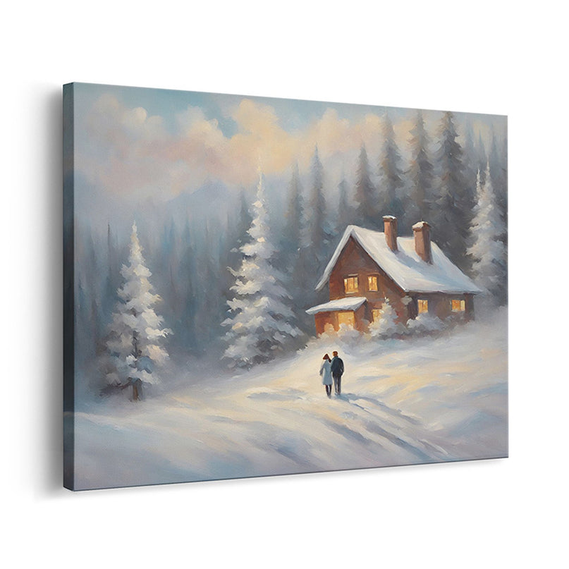 Snowy Forest Cabin & Couple Canvas