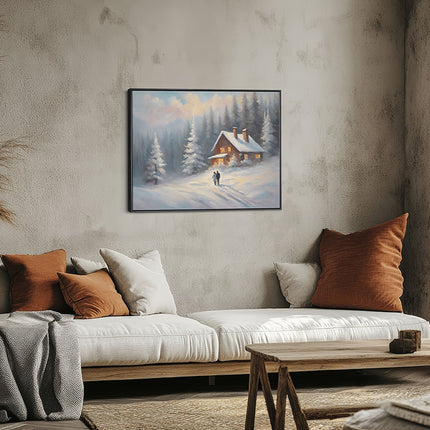 Snowy Forest Cabin & Couple Canvas
