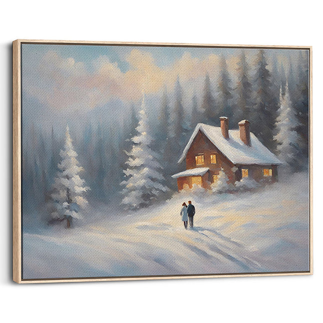 Snowy Forest Cabin & Couple Canvas