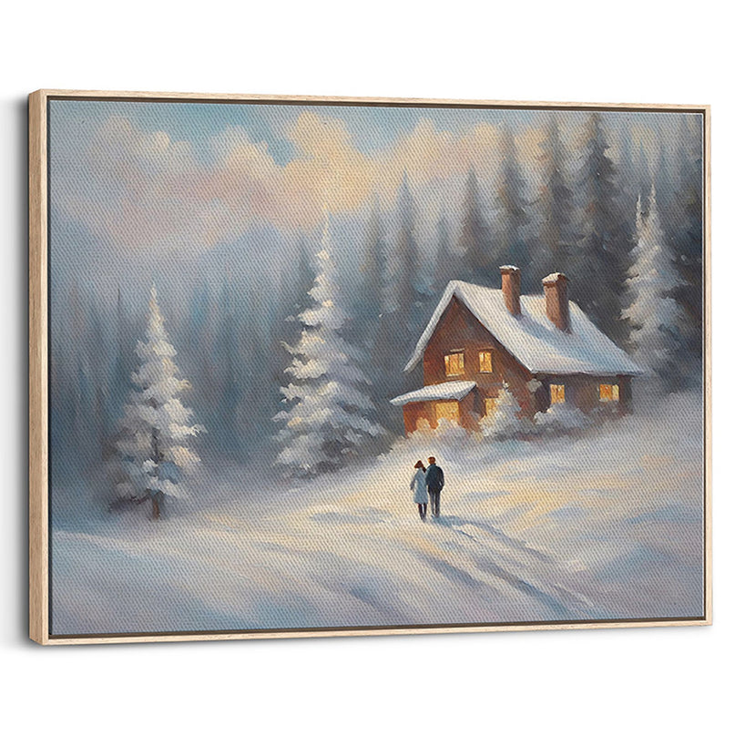 Snowy Forest Cabin & Couple Canvas