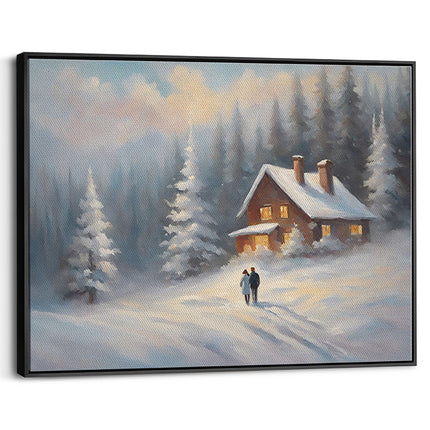 Snowy Forest Cabin & Couple Canvas