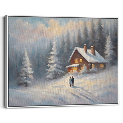 Snowy Forest Cabin & Couple Canvas