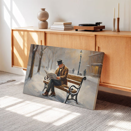 Gentleman Reading in Snowy Park Canvas