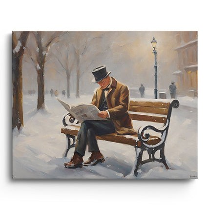 Gentleman Reading in Snowy Park Canvas