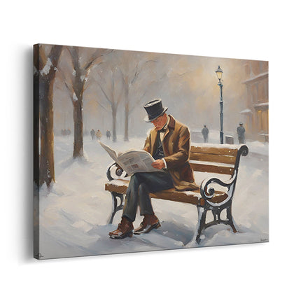 Gentleman Reading in Snowy Park Canvas