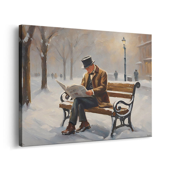 Gentleman Reading in Snowy Park Canvas