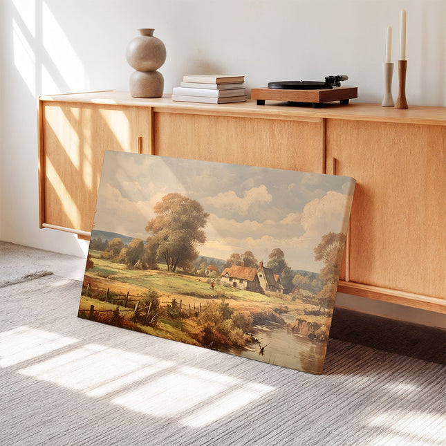 Countryside Cottage & River Landscape Canvas