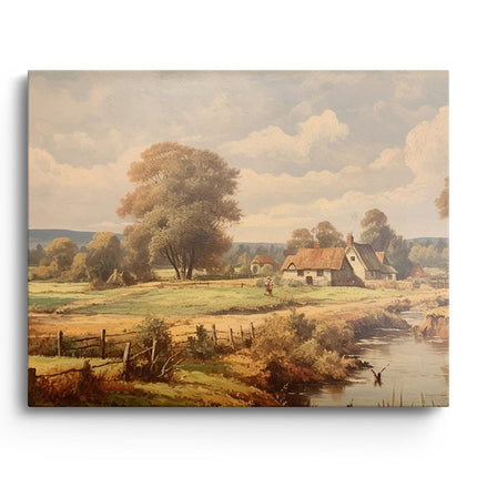 Countryside Cottage & River Landscape Canvas