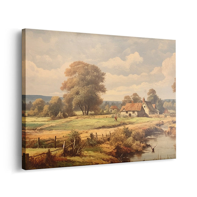 Countryside Cottage & River Landscape Canvas