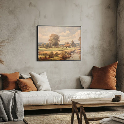 Countryside Cottage & River Landscape Canvas