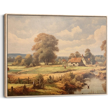 Countryside Cottage & River Landscape Canvas