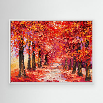 Autumn Enchantment | Crimson Forest Pathway Framed Canvas Art