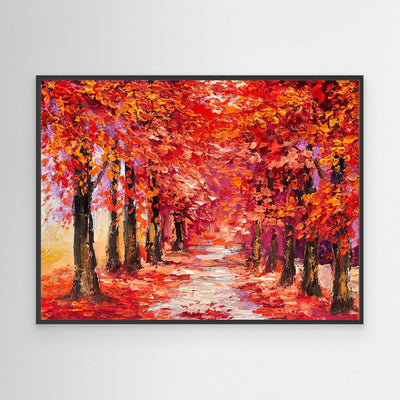 Autumn Enchantment | Crimson Forest Pathway Framed Canvas Art