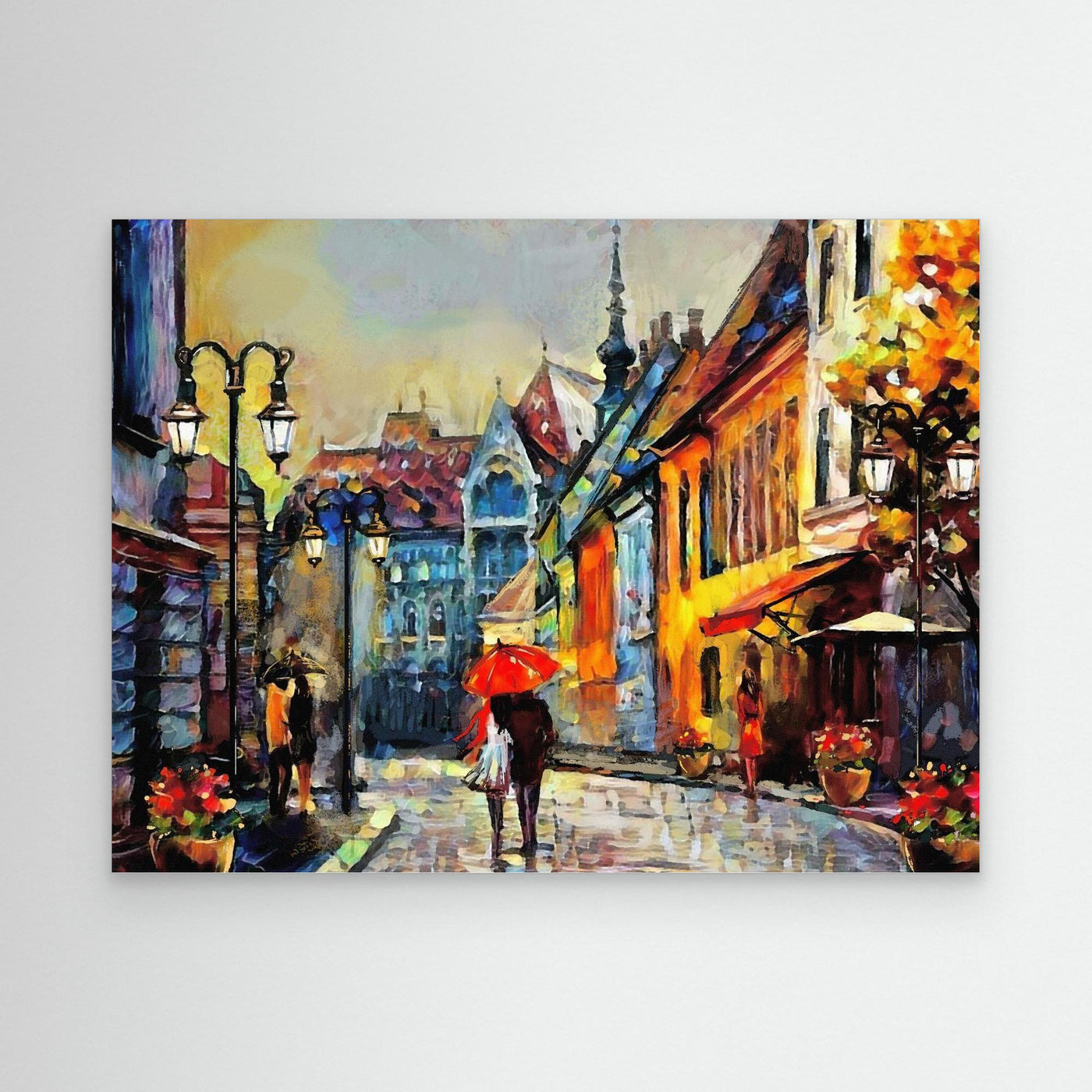 Enigmatic European Alley | Night Lights and Rainy Reflections Framed Canvas Art