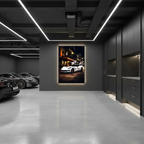 White sports car on a city street at night with illuminated buildings.