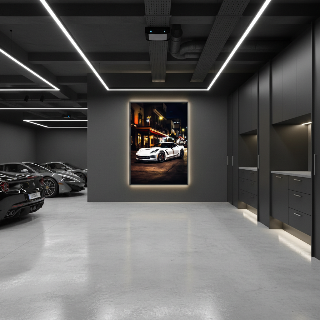 White sports car on a city street at night with illuminated buildings.