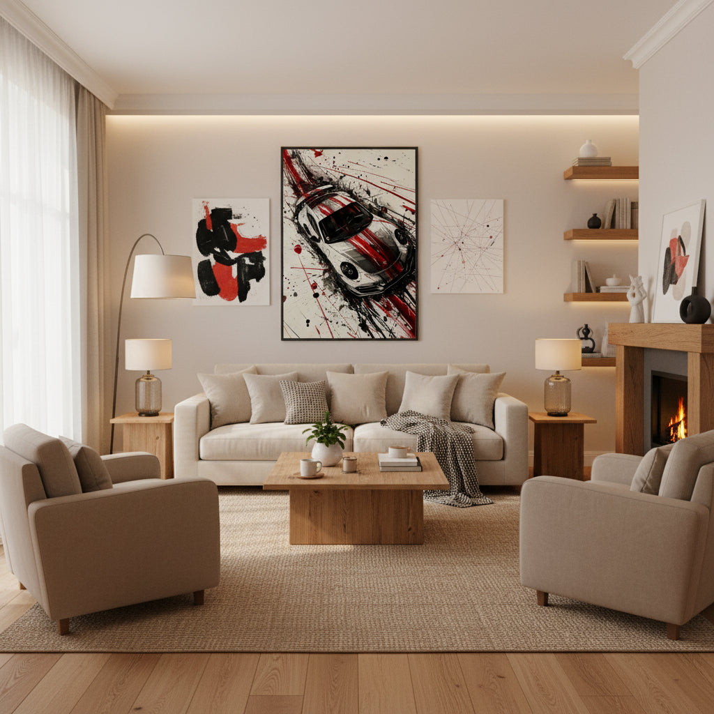 Framed artwork of a car with red and black abstract splashes on a white background