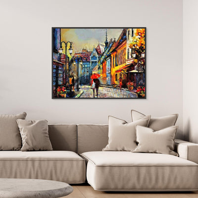 Enigmatic European Alley | Night Lights and Rainy Reflections Framed Canvas Art