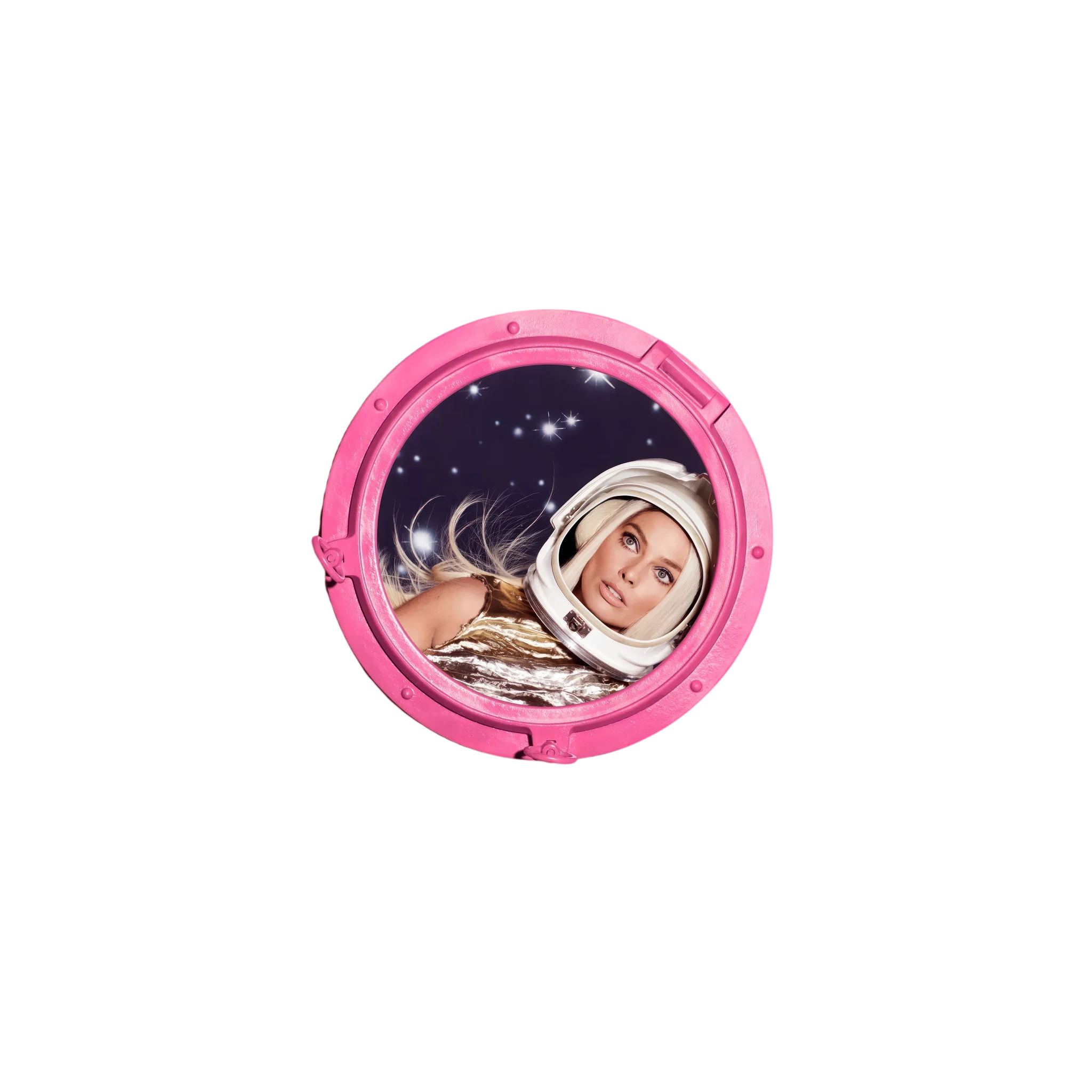 Woman in a metallic astronaut suit looks through a circular porthole set in a vivid pink field, shown in product view 4.
