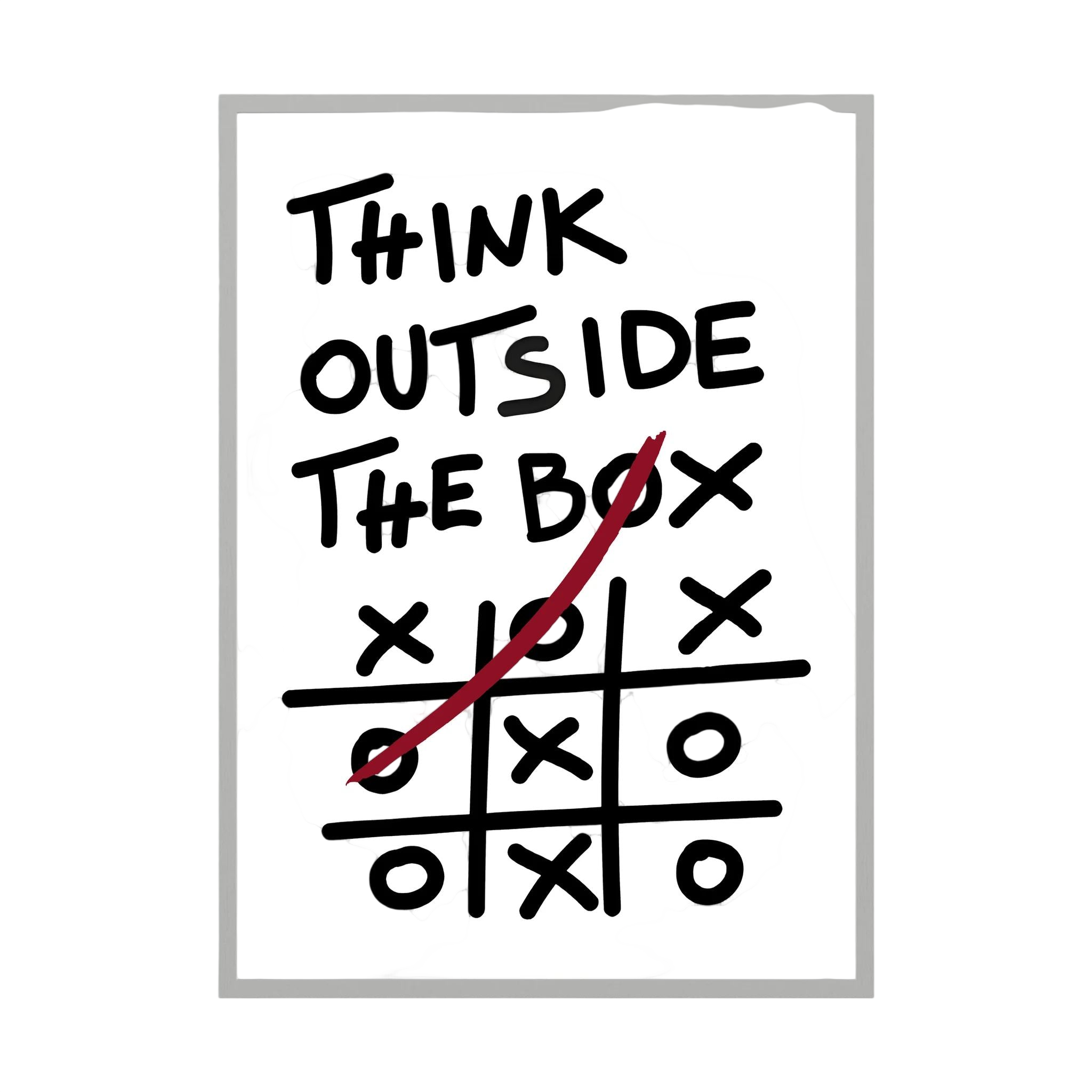 Hand-drawn think outside the box quote above a noughts-and-crosses grid with a red winning line, shown in product view 2.