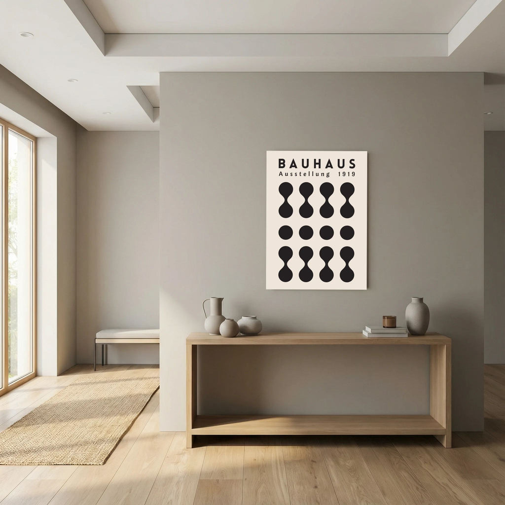 Black Bauhaus poster with repeating circles and hourglass geometric forms on cream.