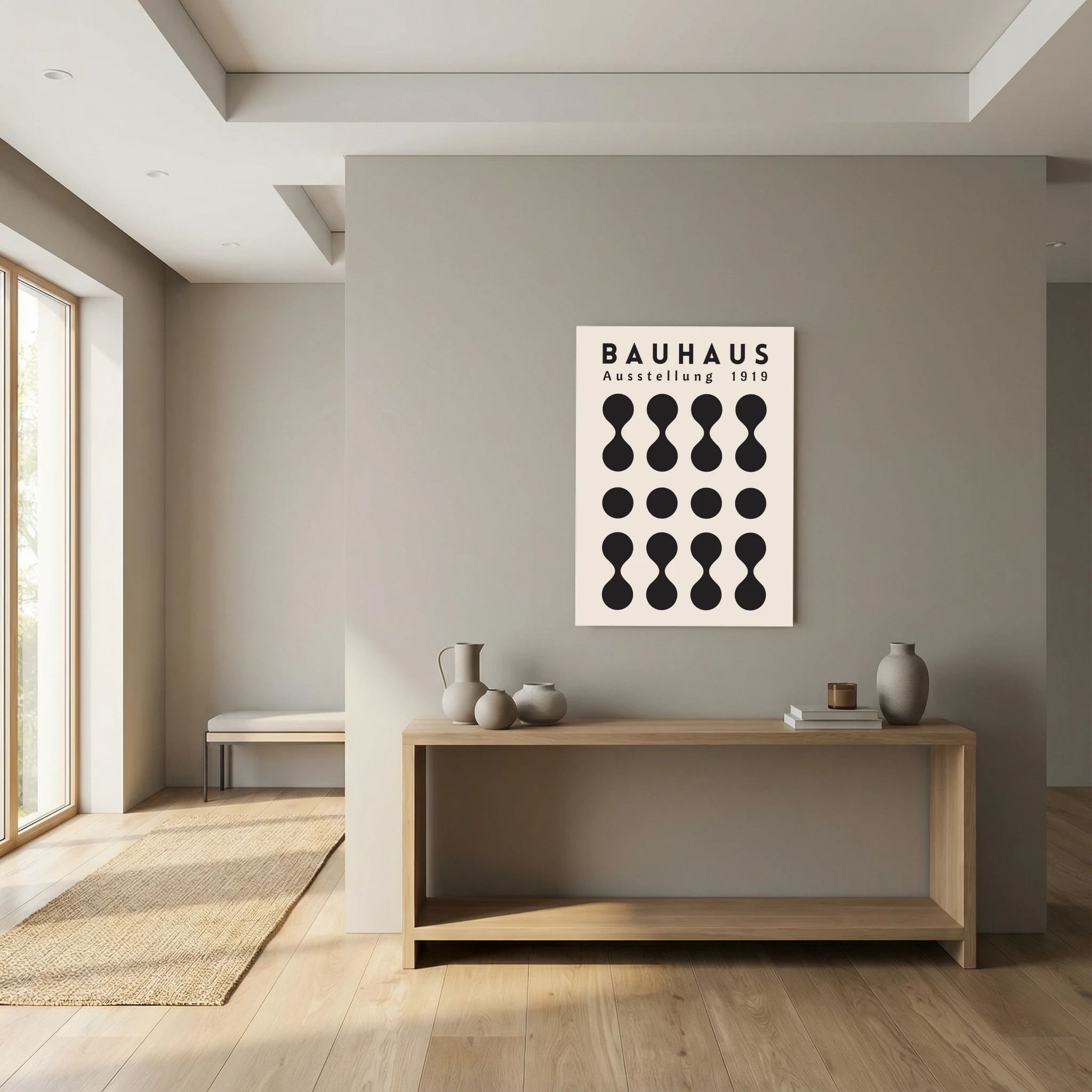 Black Bauhaus poster with repeating circles and hourglass geometric forms on cream.