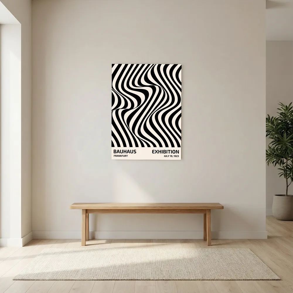 Black and white striped optical pattern flowing in curved waves.
