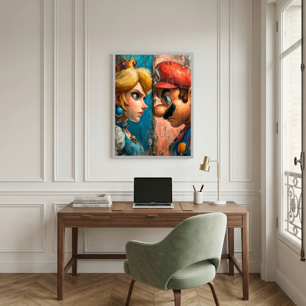 Alternative size view of colourful gaming character face-off artwork, shown in a white wooden frame.