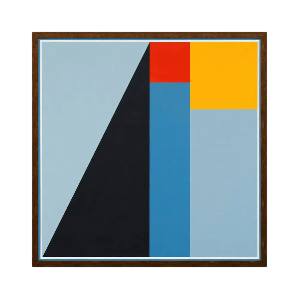 Pale blue, navy, yellow and red geometric planes form a strong ascending abstract composition, shown in product view 3.