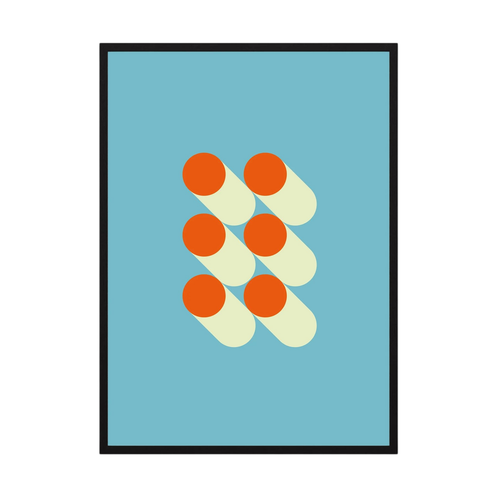 Orange circles and cream capsule shapes arranged on a pale blue background.