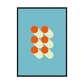 Orange circles and cream capsule shapes arranged on a pale blue background.