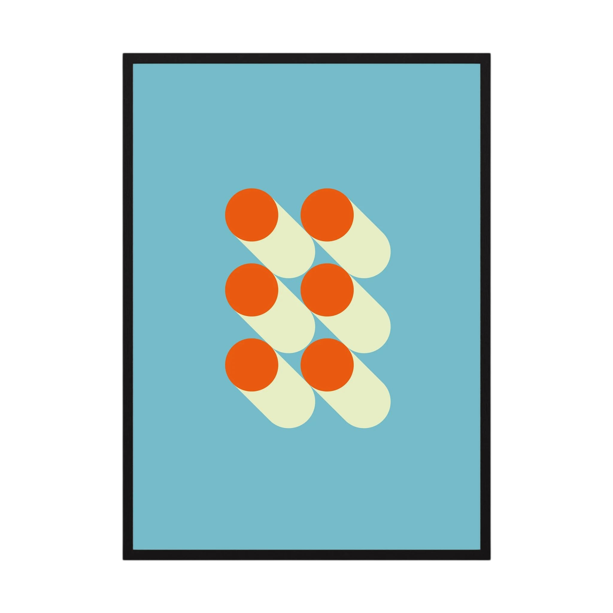 Orange circles and cream capsule shapes arranged on a pale blue background.